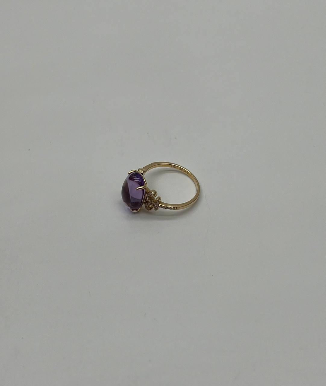 Oval Cabochon Pink Violet Amethyst 14K Diamond Statement Unique Ring