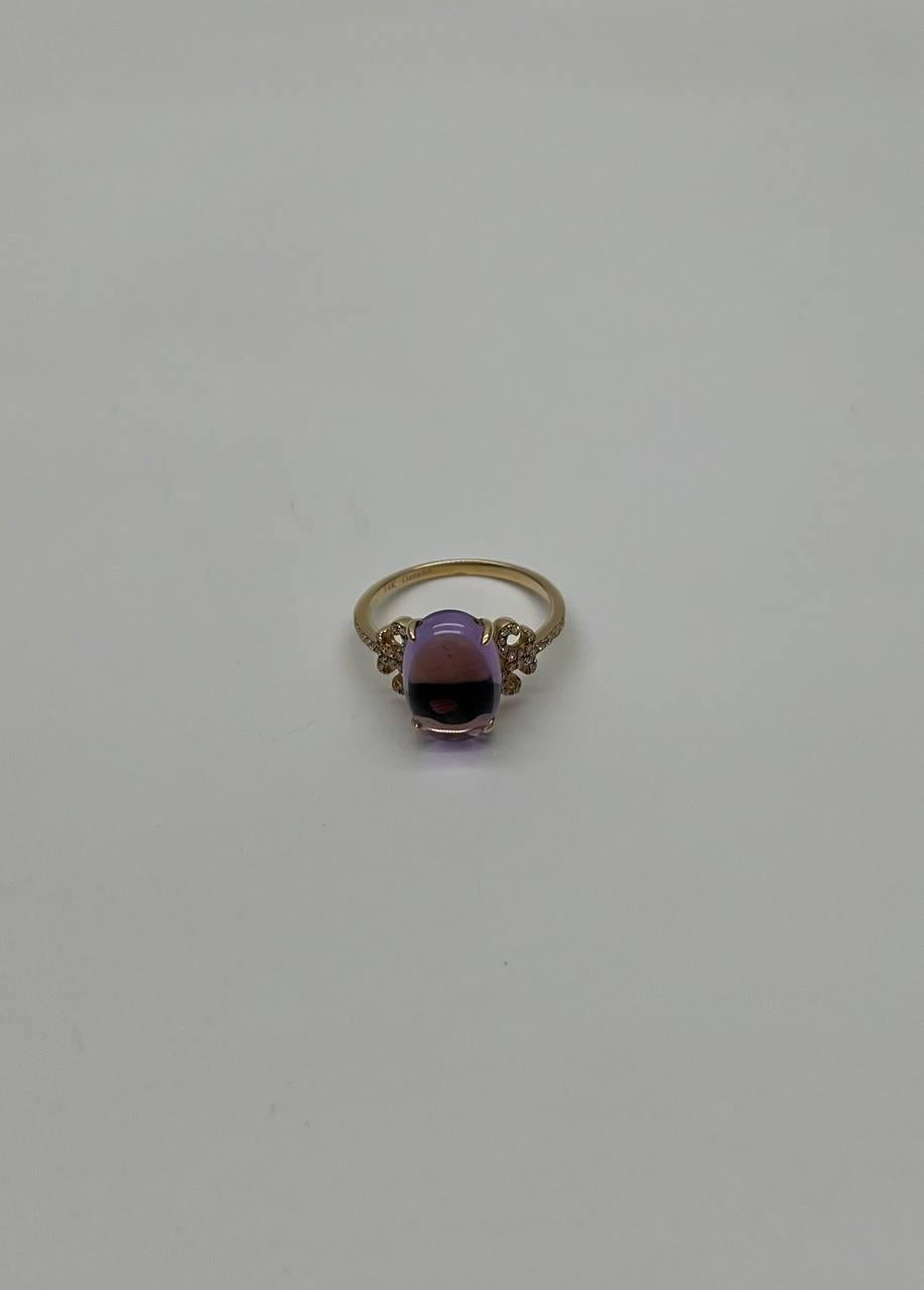 Oval Cabochon Pink Violet Amethyst 14K Diamond Statement Unique Ring