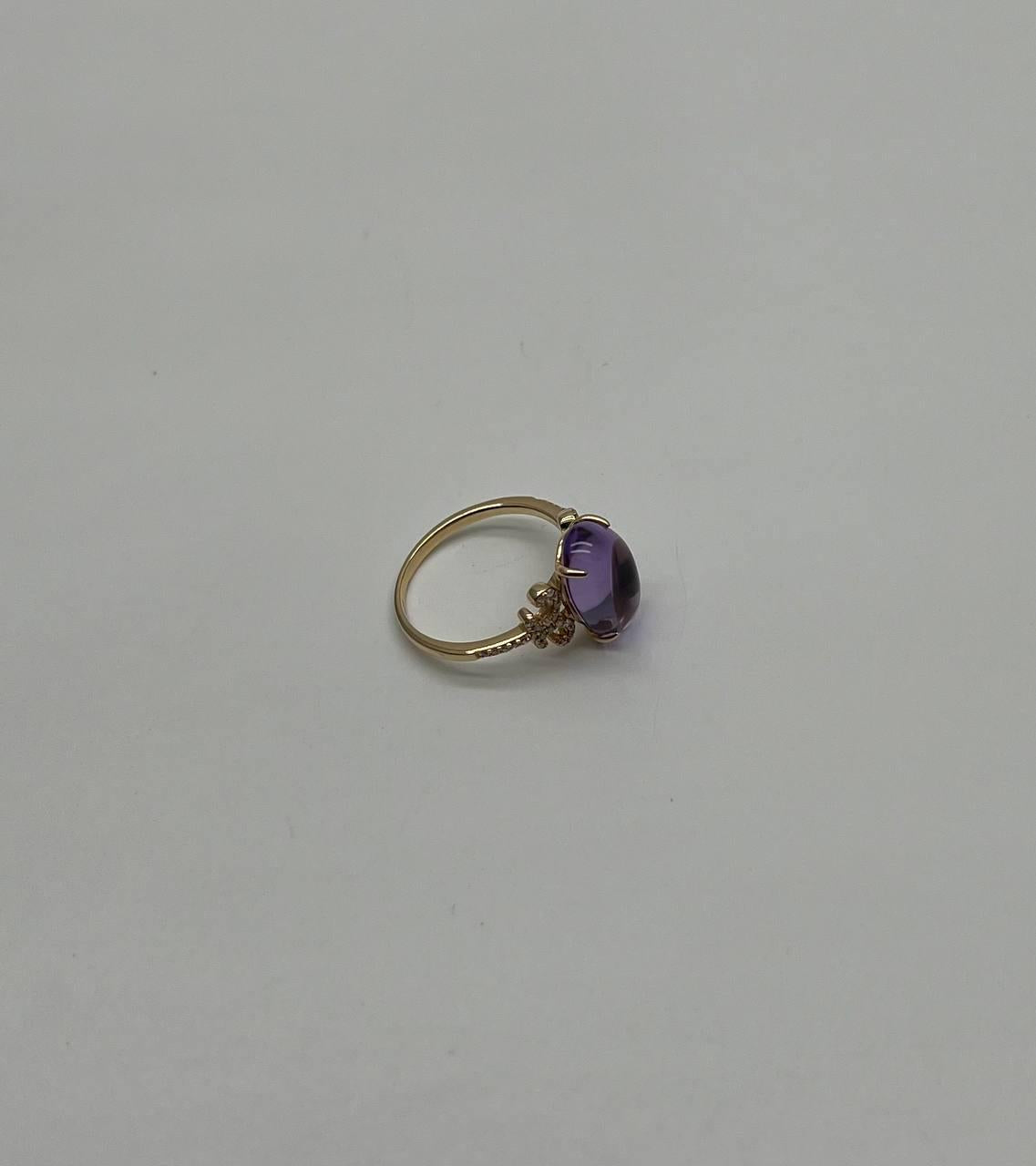 Oval Cabochon Pink Violet Amethyst 14K Diamond Statement Unique Ring