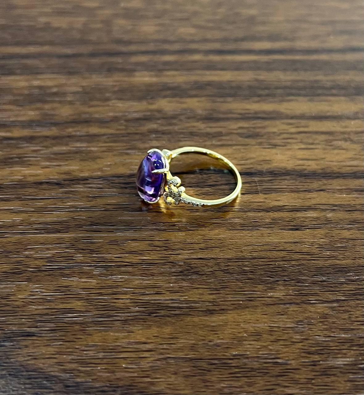 Oval Cabochon Pink Violet Amethyst 14K Diamond Statement Unique Ring