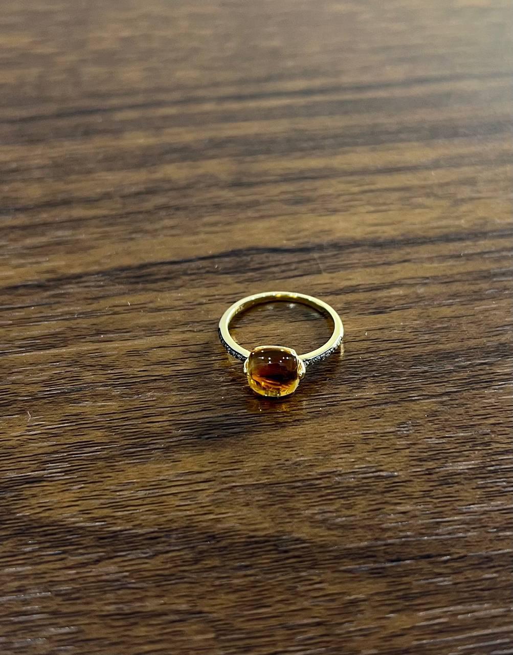 Cushion Cabochon Orange Brown Citrine Diamond 14K Gold Statement Minimalist Ring