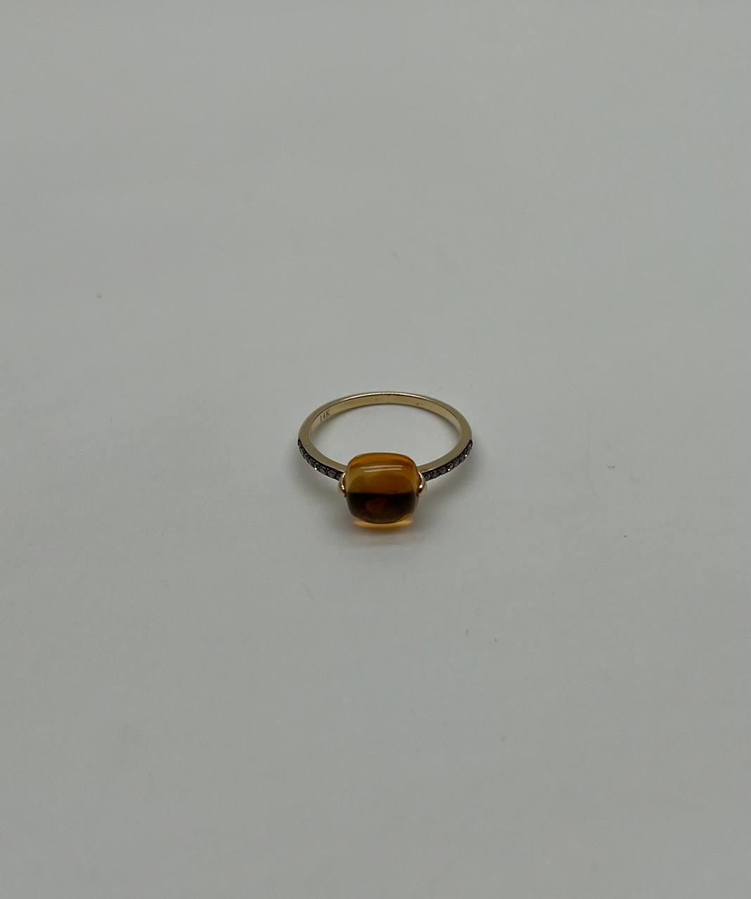 Cushion Cabochon Orange Brown Citrine Diamond 14K Gold Statement Minimalist Ring