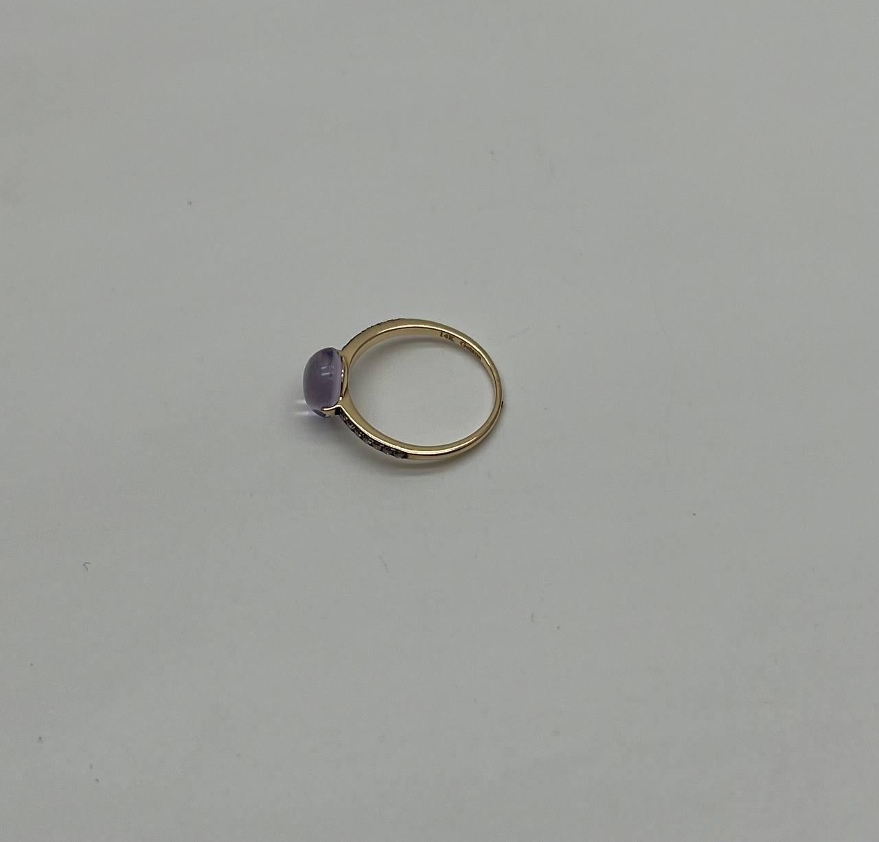 Round Cabochon Pink Violet Purple Amethyst Diamond 14K Gold Statement Ring