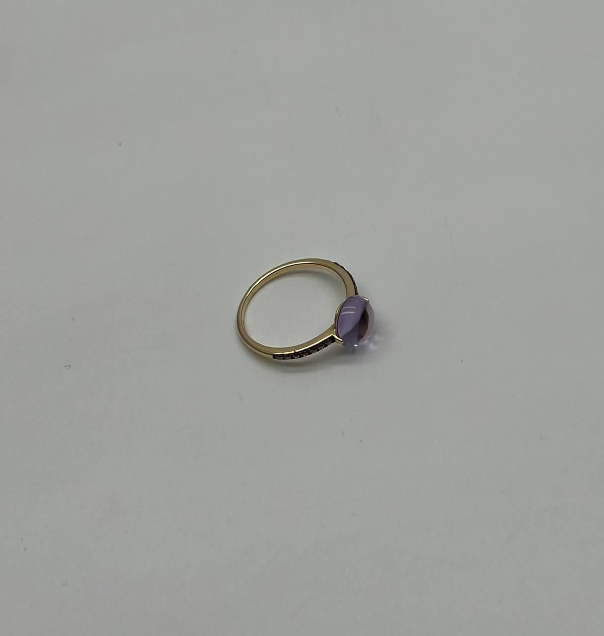 Round Cabochon Pink Violet Purple Amethyst Diamond 14K Gold Statement Ring