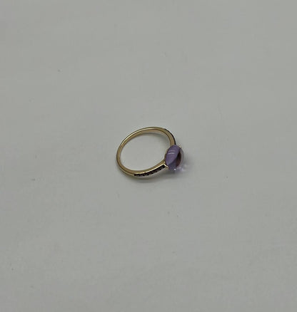 Round Cabochon Pink Violet Purple Amethyst Diamond 14K Gold Statement Ring