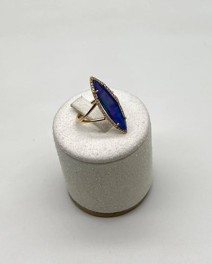 Marquise Shape Dark Blue Lapis Lazuli Cabo 14K Yellow Gold Diamond Halo Set Ring