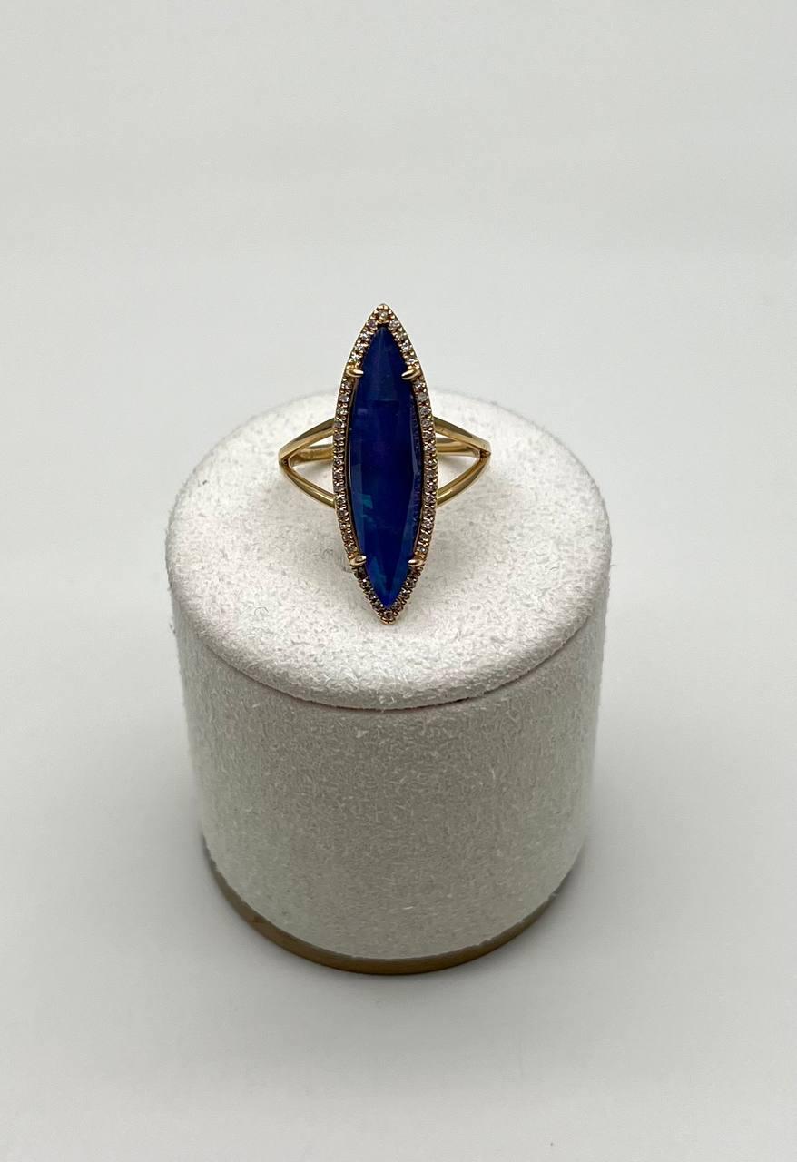 Marquise Shape Dark Blue Lapis Lazuli Cabo 14K Yellow Gold Diamond Halo Set Ring