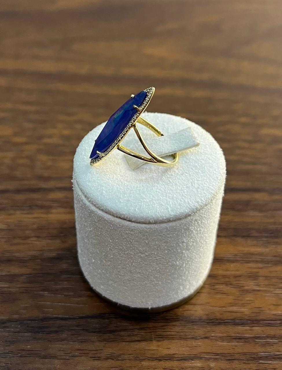 marquise shape dark blue lapis lazuli cabo 14k yellow gold diamond halo set ring