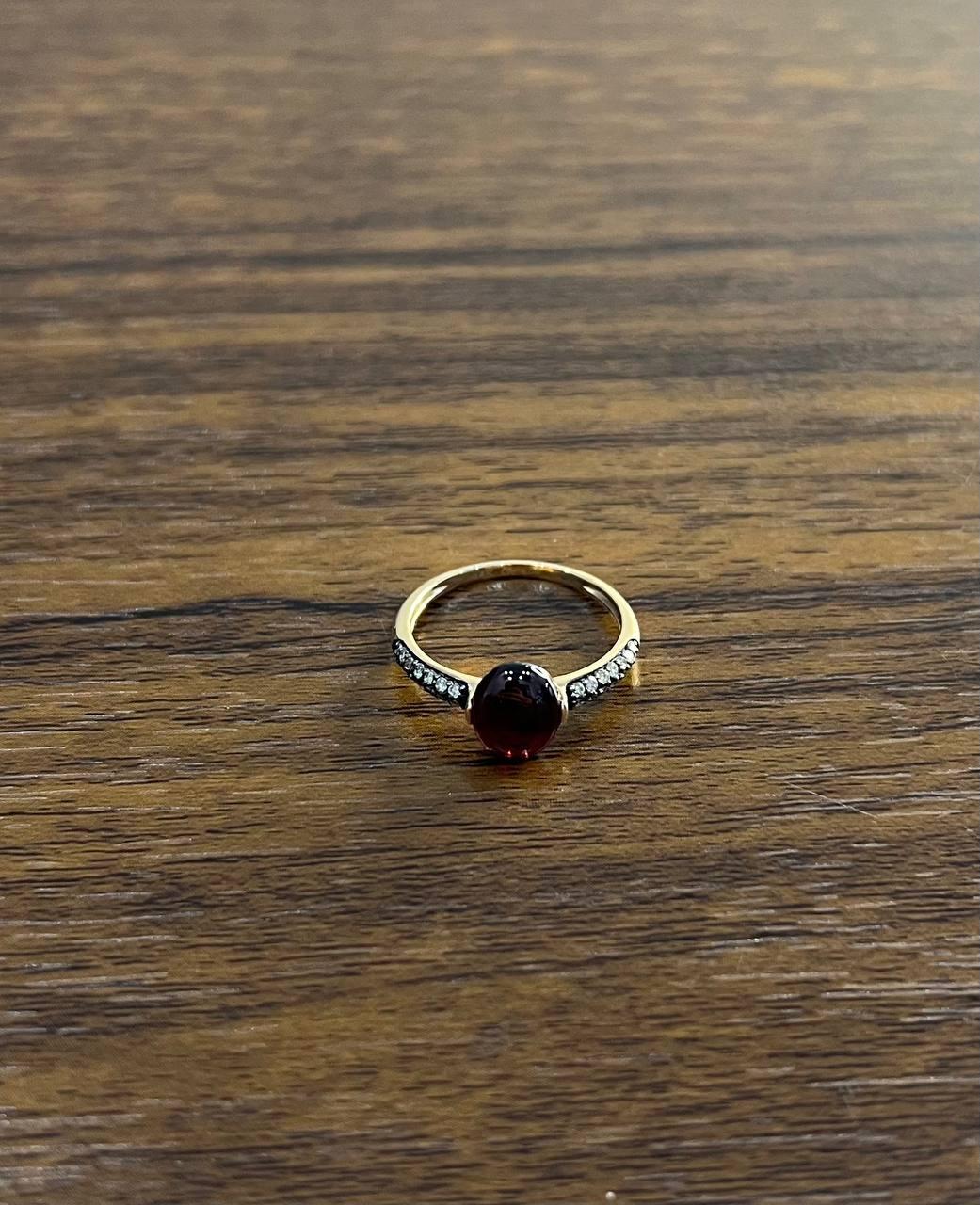 Oval Shape Dark Red Ruby Cabochon 14K Yellow Gold Diamond Accented Cocktail Ring