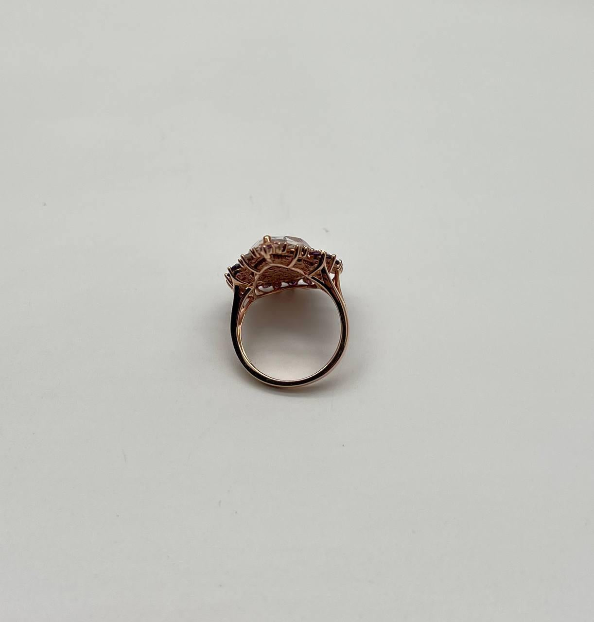 Clear Quartz with Pink Sapphires Purple Amethysts White Diamonds 14K Gold Ring
