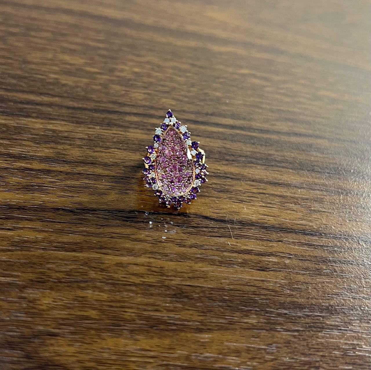 Clear Quartz with Pink Sapphires Purple Amethysts White Diamonds 14K Gold Ring