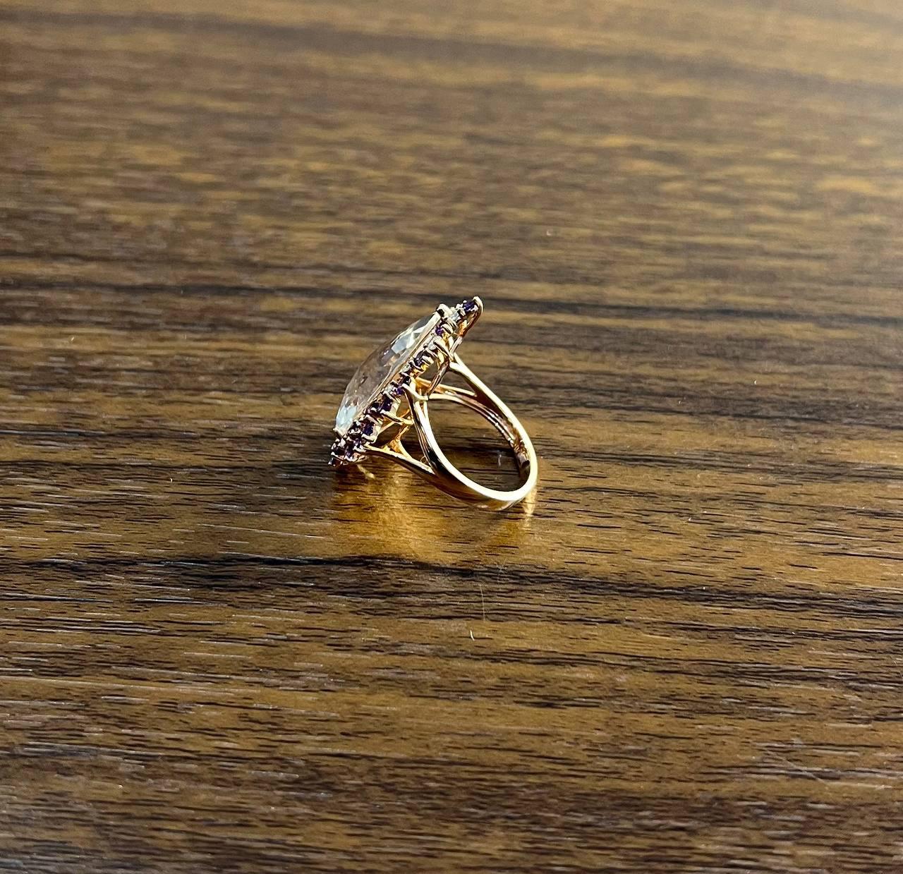 Clear Quartz with Pink Sapphires Purple Amethysts White Diamonds 14K Gold Ring