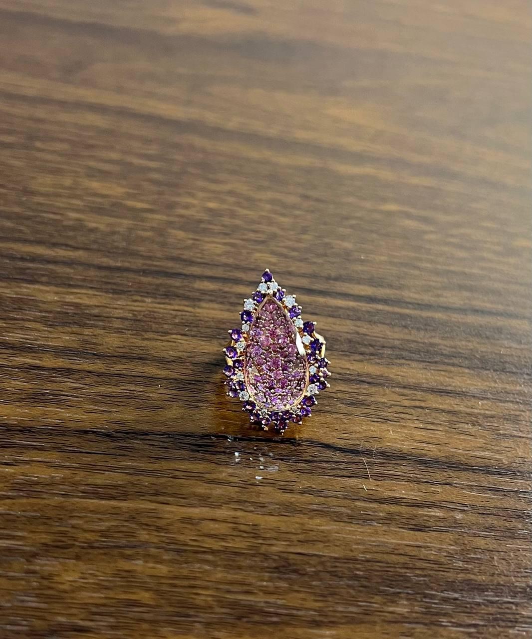 Clear Quartz with Pink Sapphires Purple Amethysts White Diamonds 14K Gold Ring