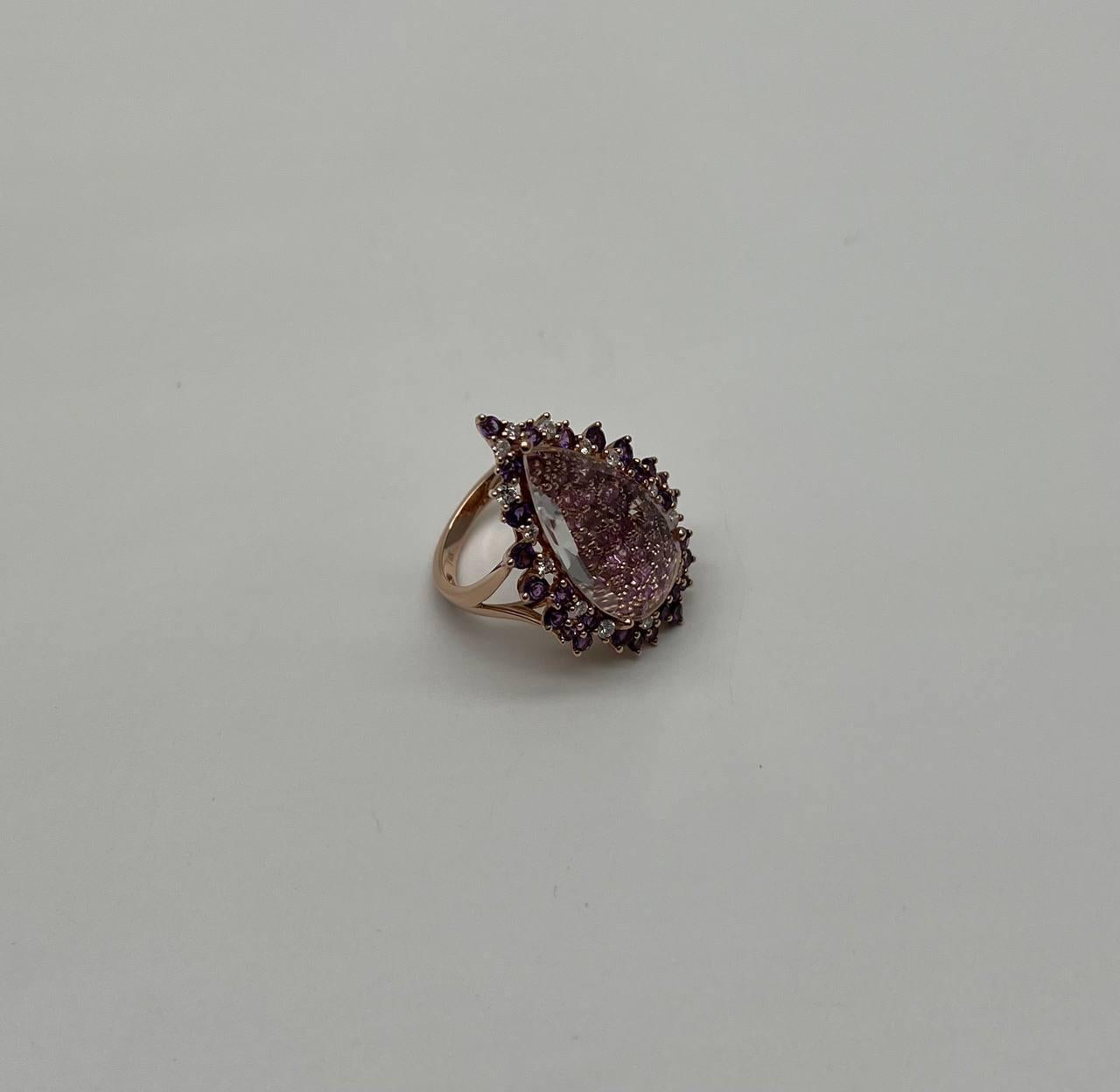Clear Quartz with Pink Sapphires Purple Amethysts White Diamonds 14K Gold Ring