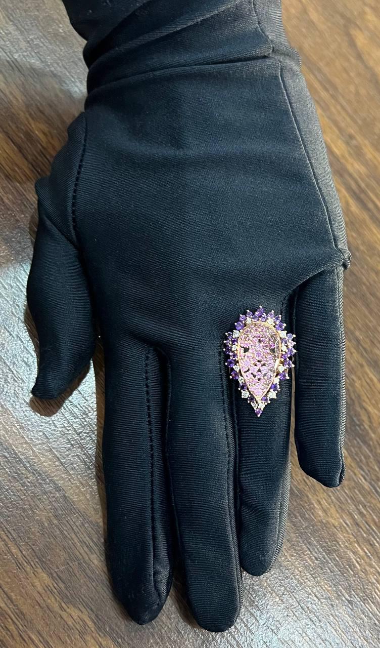 Clear Quartz with Pink Sapphires Purple Amethysts White Diamonds 14K Gold Ring