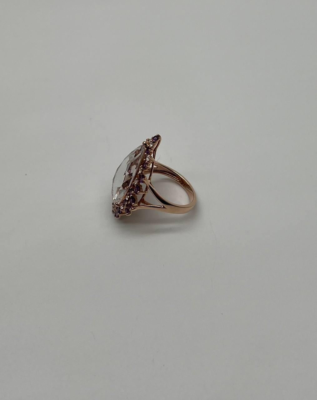 Clear Quartz with Pink Sapphires Purple Amethysts White Diamonds 14K Gold Ring