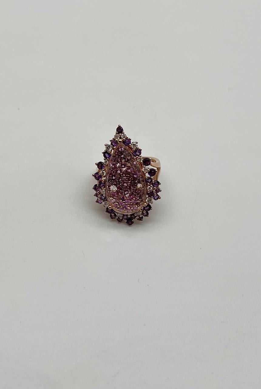 Clear Quartz with Pink Sapphires Purple Amethysts White Diamonds 14K Gold Ring