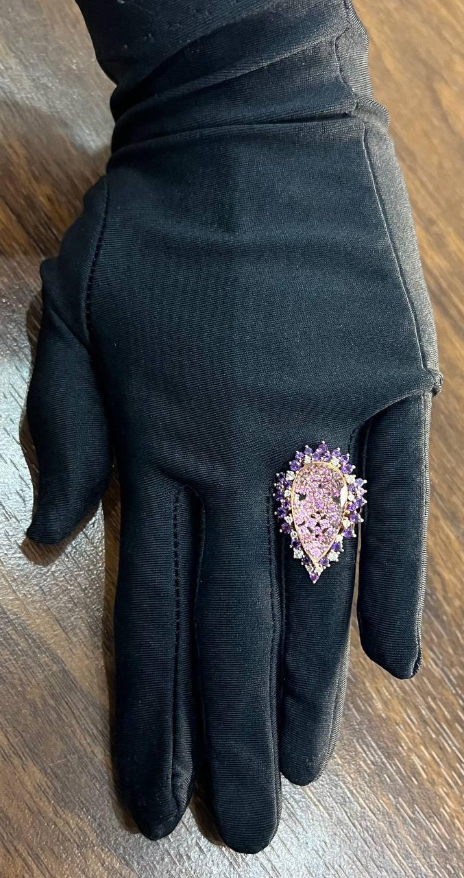 Clear Quartz with Pink Sapphires Purple Amethysts White Diamonds 14K Gold Ring