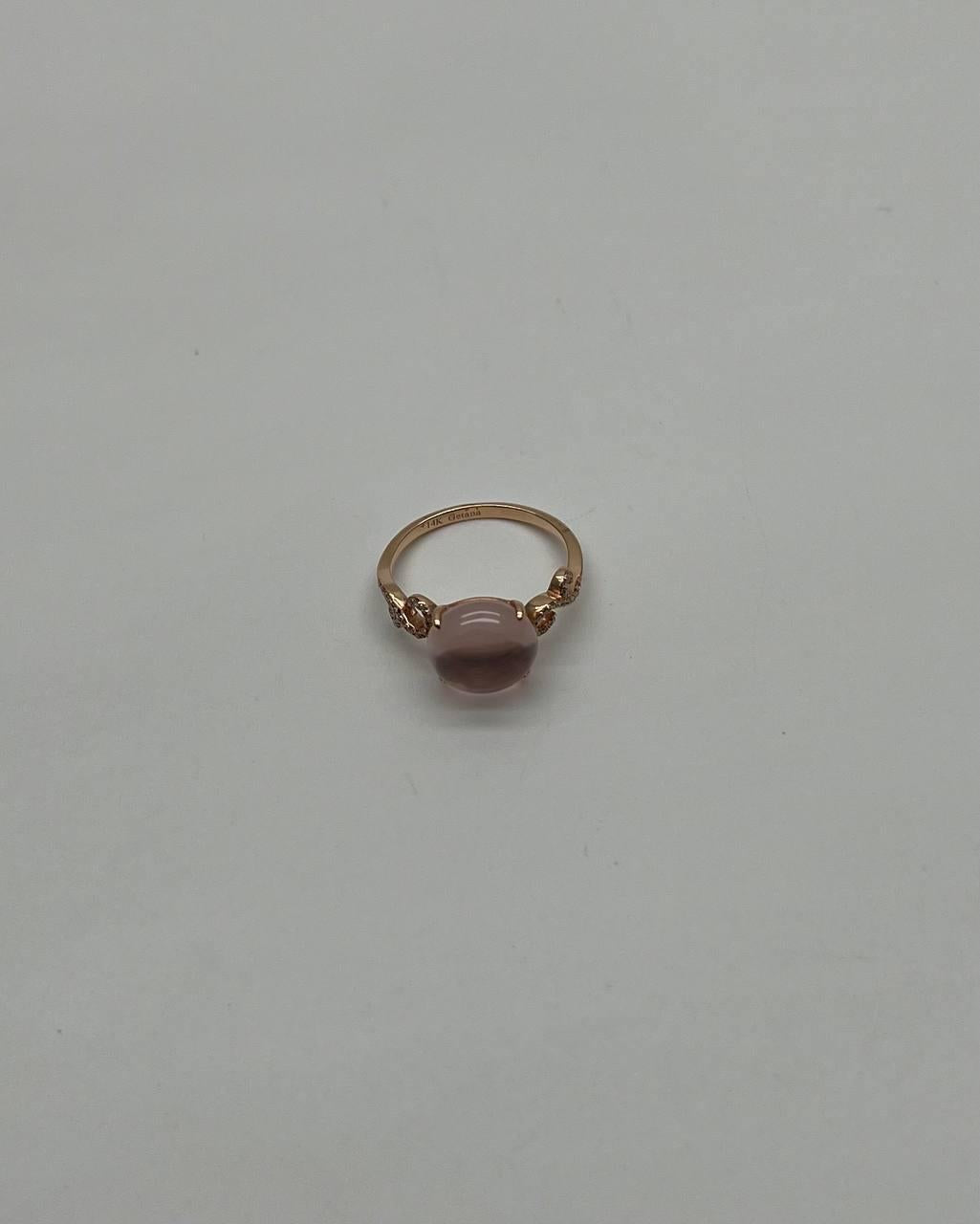 Round Circle Cabochon Pink Rose Quartz 14K Diamond Statement Unique Ring