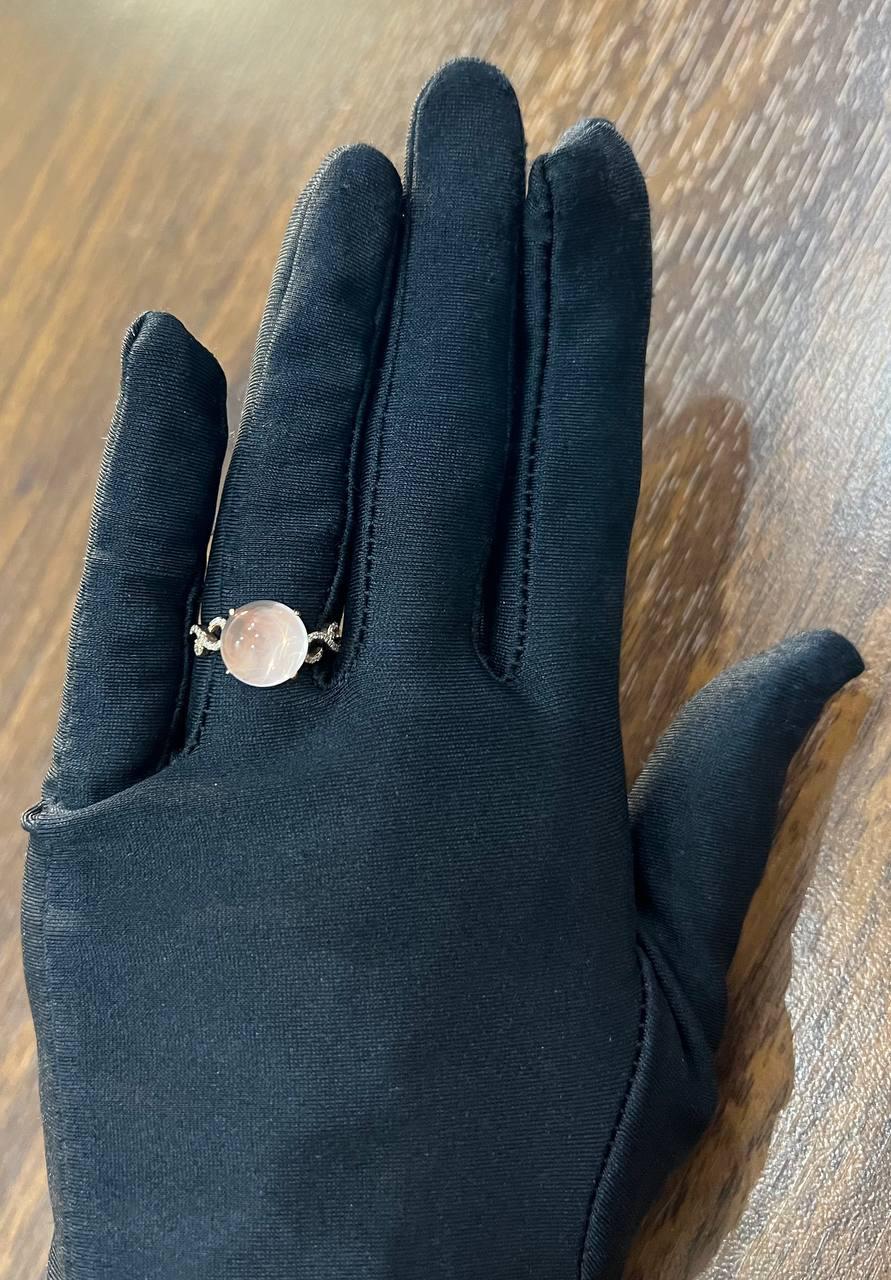 Round Circle Cabochon Pink Rose Quartz 14K Diamond Statement Unique Ring