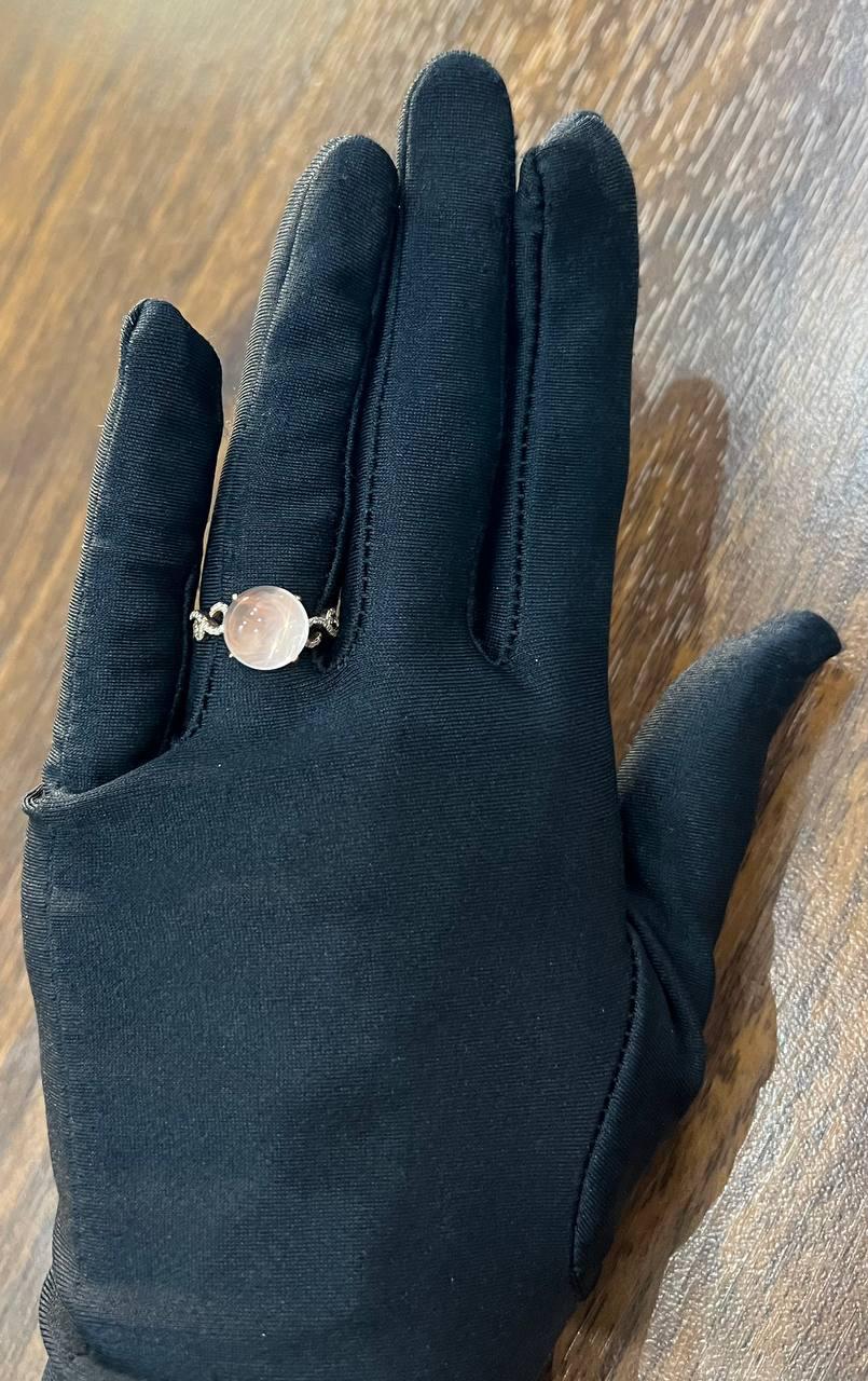Round Circle Cabochon Pink Rose Quartz 14K Diamond Statement Unique Ring