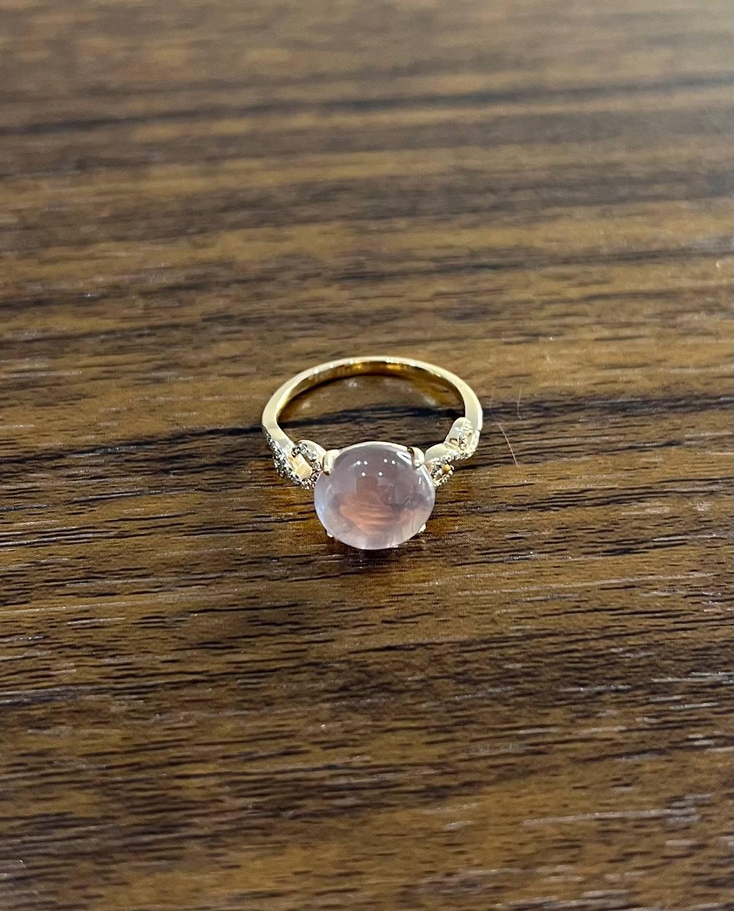 Round Circle Cabochon Pink Rose Quartz 14K Diamond Statement Unique Ring