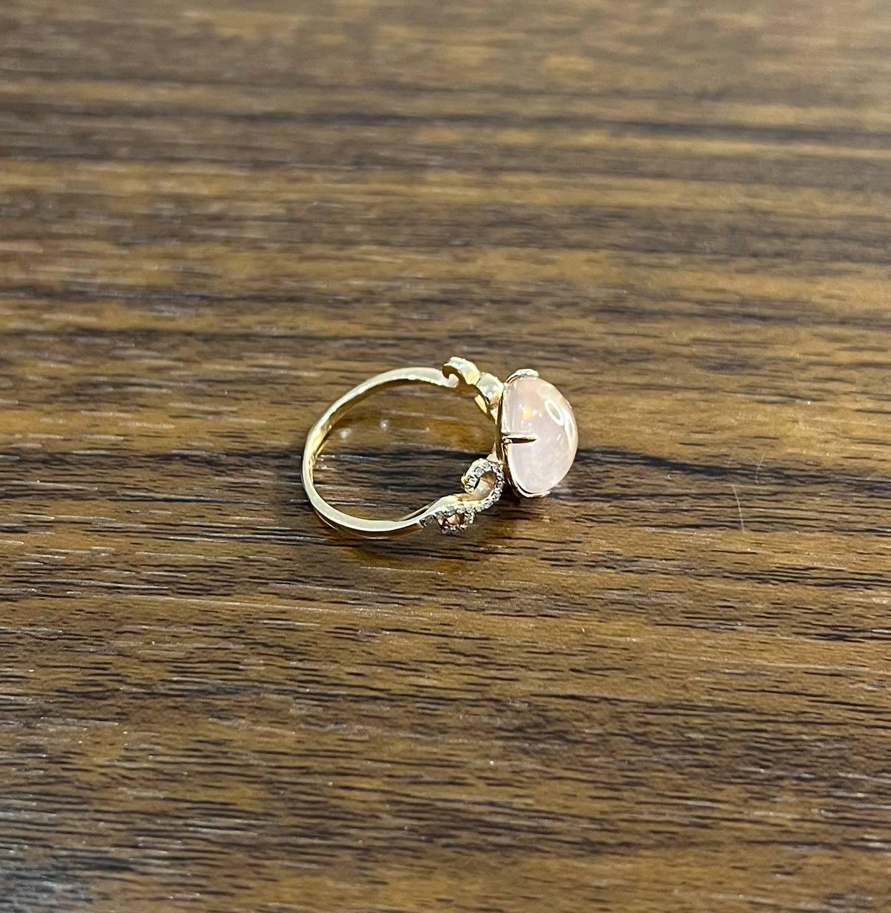 Round Circle Cabochon Pink Rose Quartz 14K Diamond Statement Unique Ring