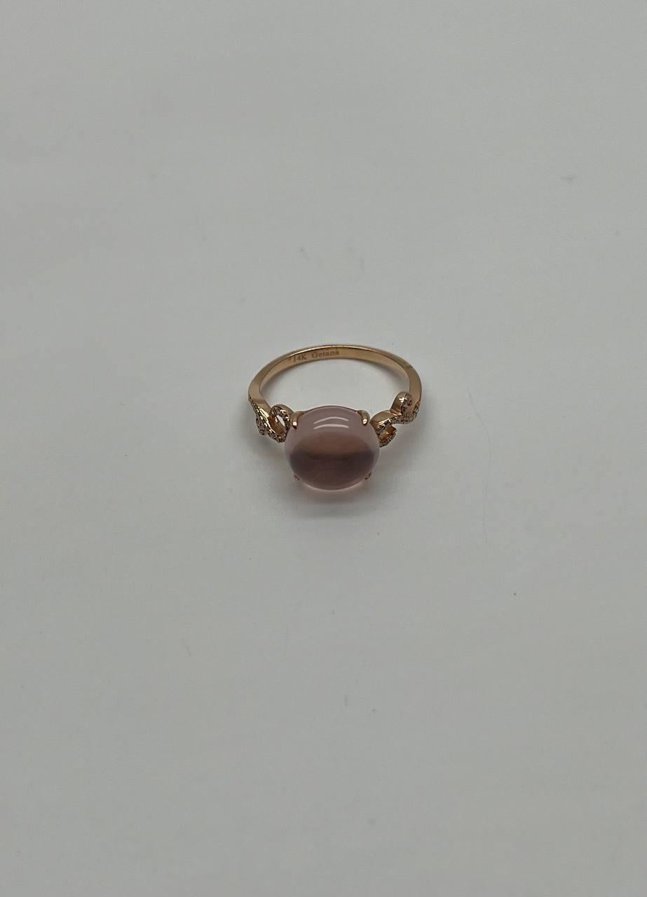 Round Circle Cabochon Pink Rose Quartz 14K Diamond Statement Unique Ring