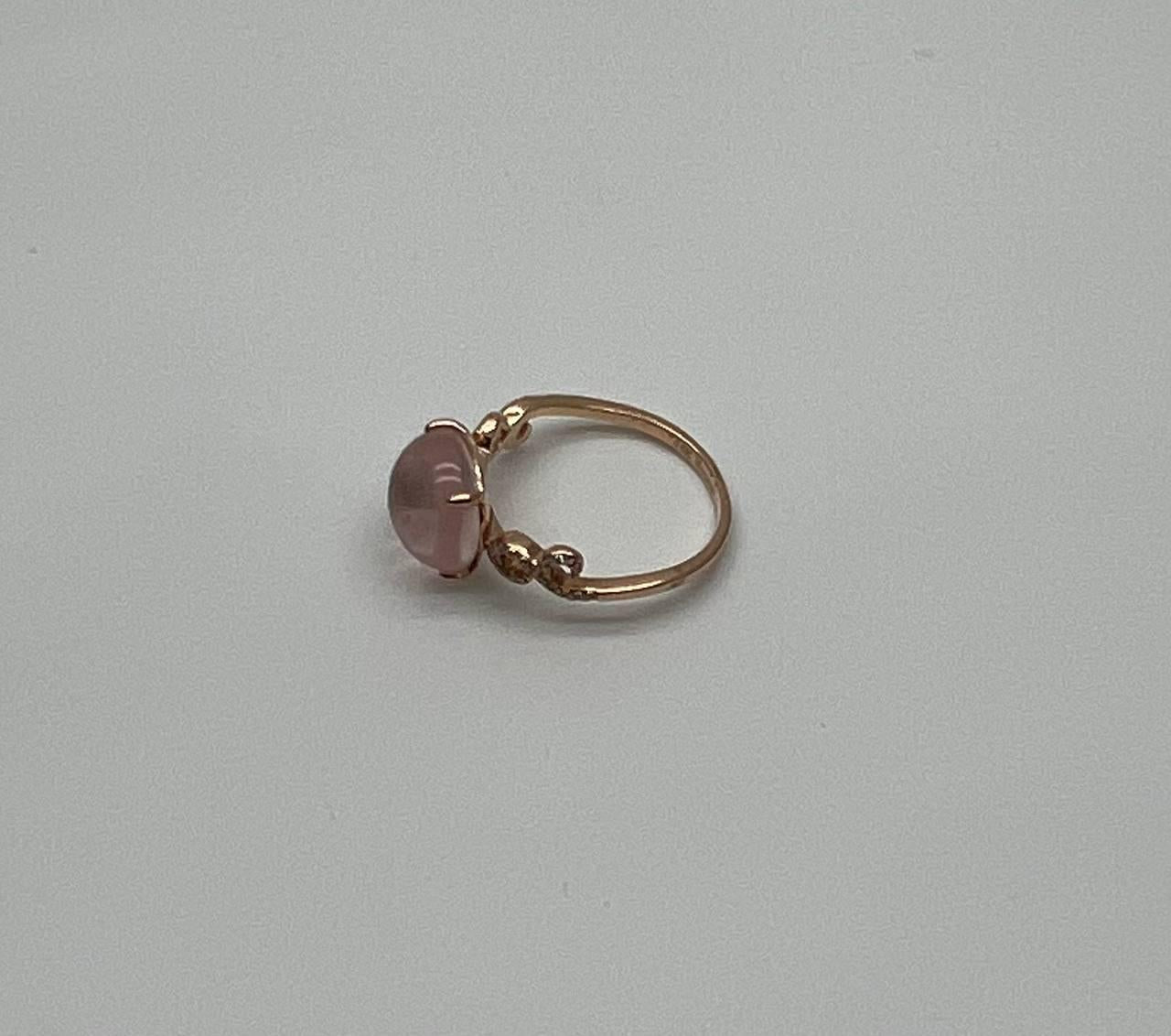Round Circle Cabochon Pink Rose Quartz 14K Diamond Statement Unique Ring