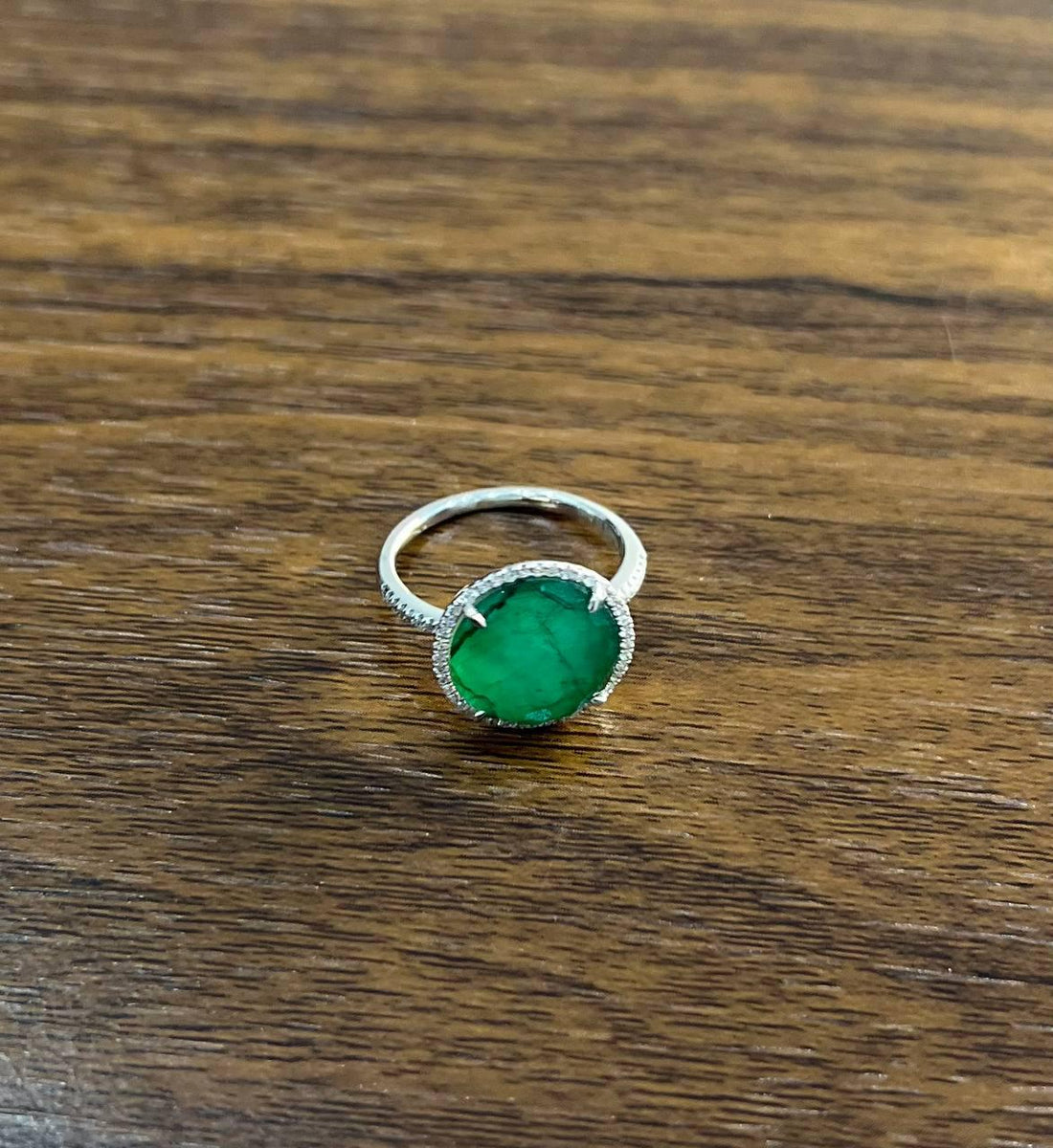 Faceted Green Emerald Cabochon White Diamond 14K White Gold Statement Ring