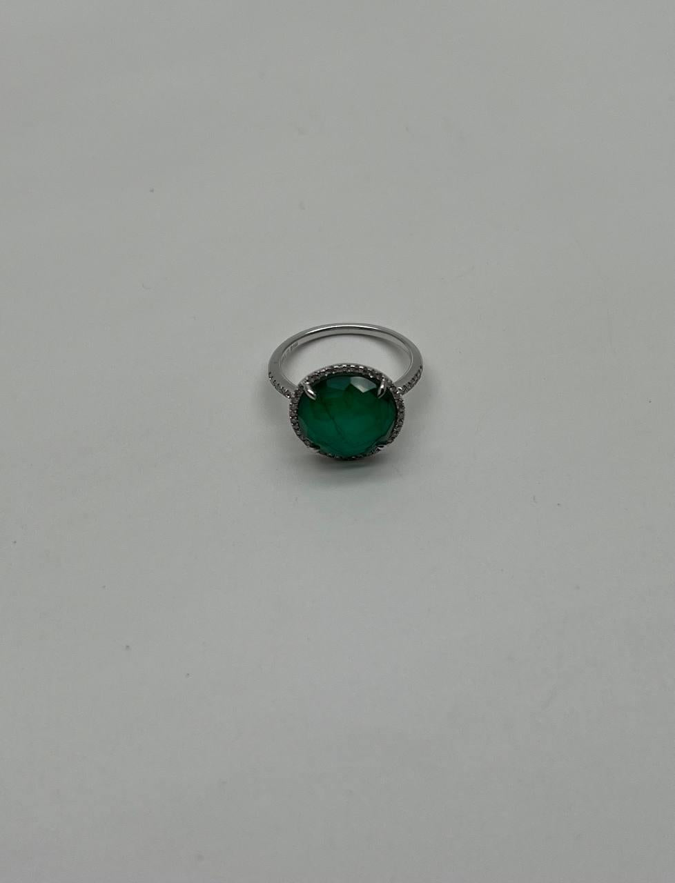 Faceted Green Emerald Cabochon White Diamond 14K White Gold Statement Ring