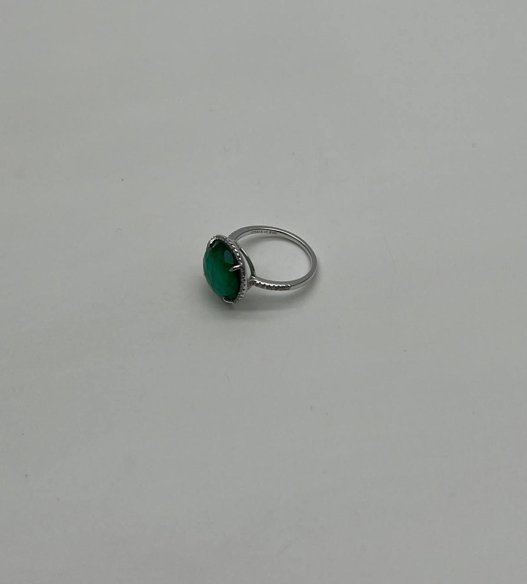 Faceted Green Emerald Cabochon White Diamond 14K White Gold Statement Ring