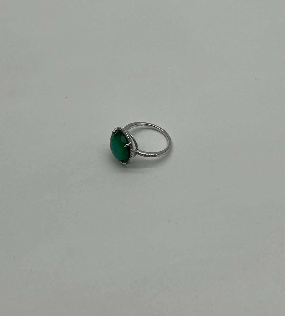 Faceted Green Emerald Cabochon White Diamond 14K White Gold Statement Ring
