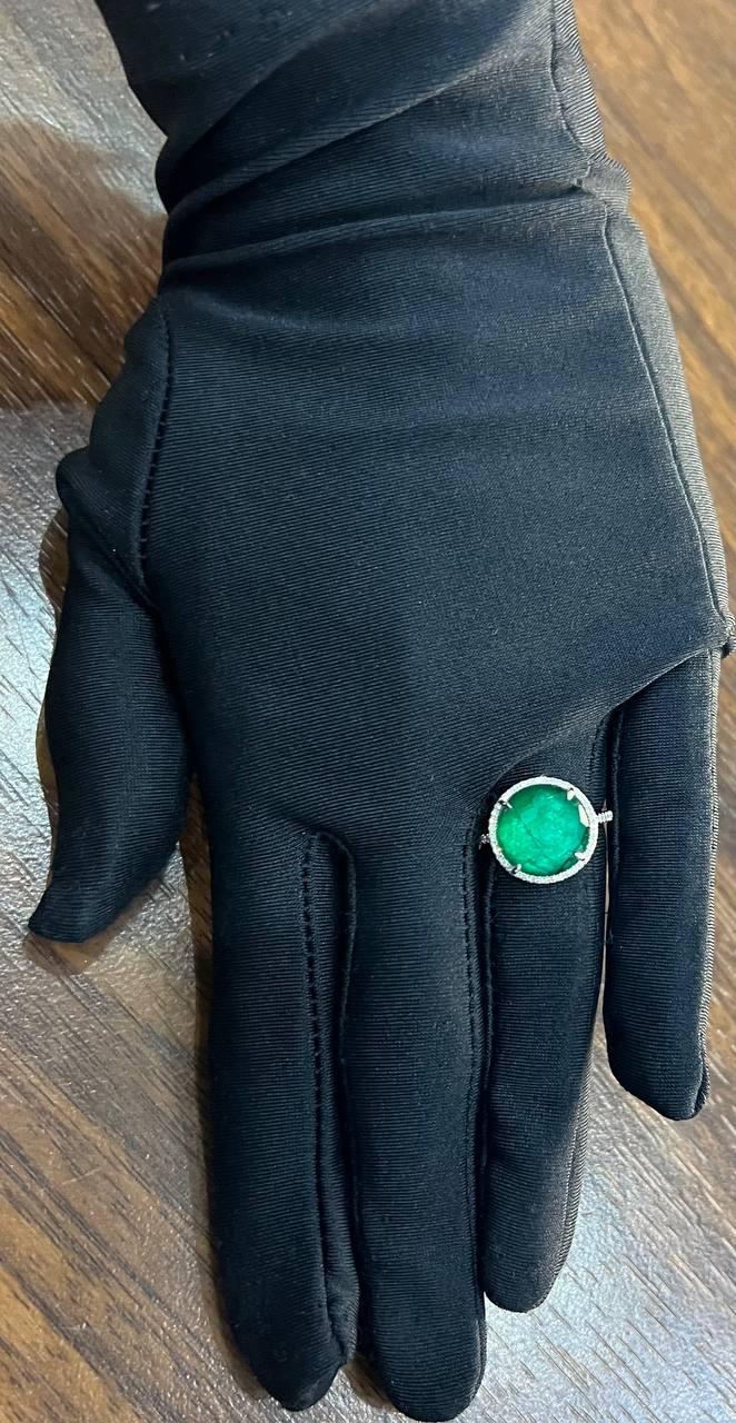 Faceted Green Emerald Cabochon White Diamond 14K White Gold Statement Ring
