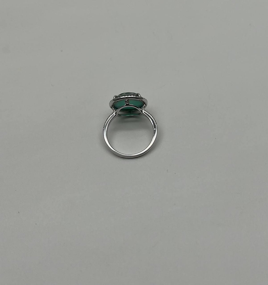 Faceted Green Emerald Cabochon White Diamond 14K White Gold Statement Ring