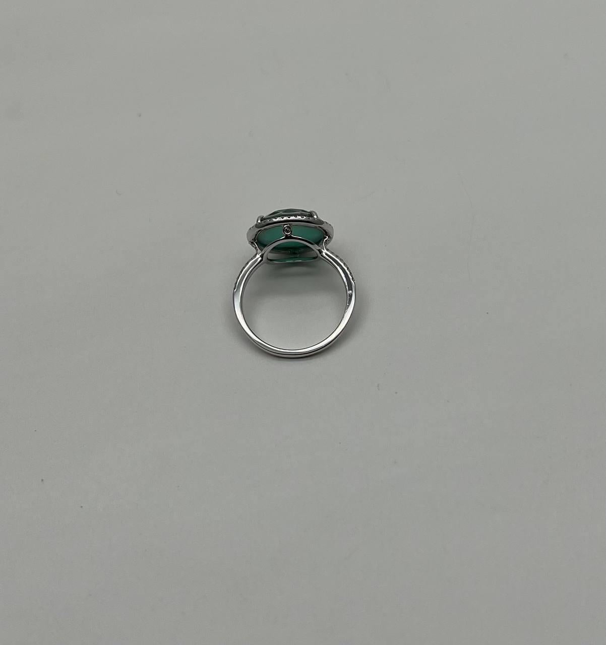 Faceted Green Emerald Cabochon White Diamond 14K White Gold Statement Ring