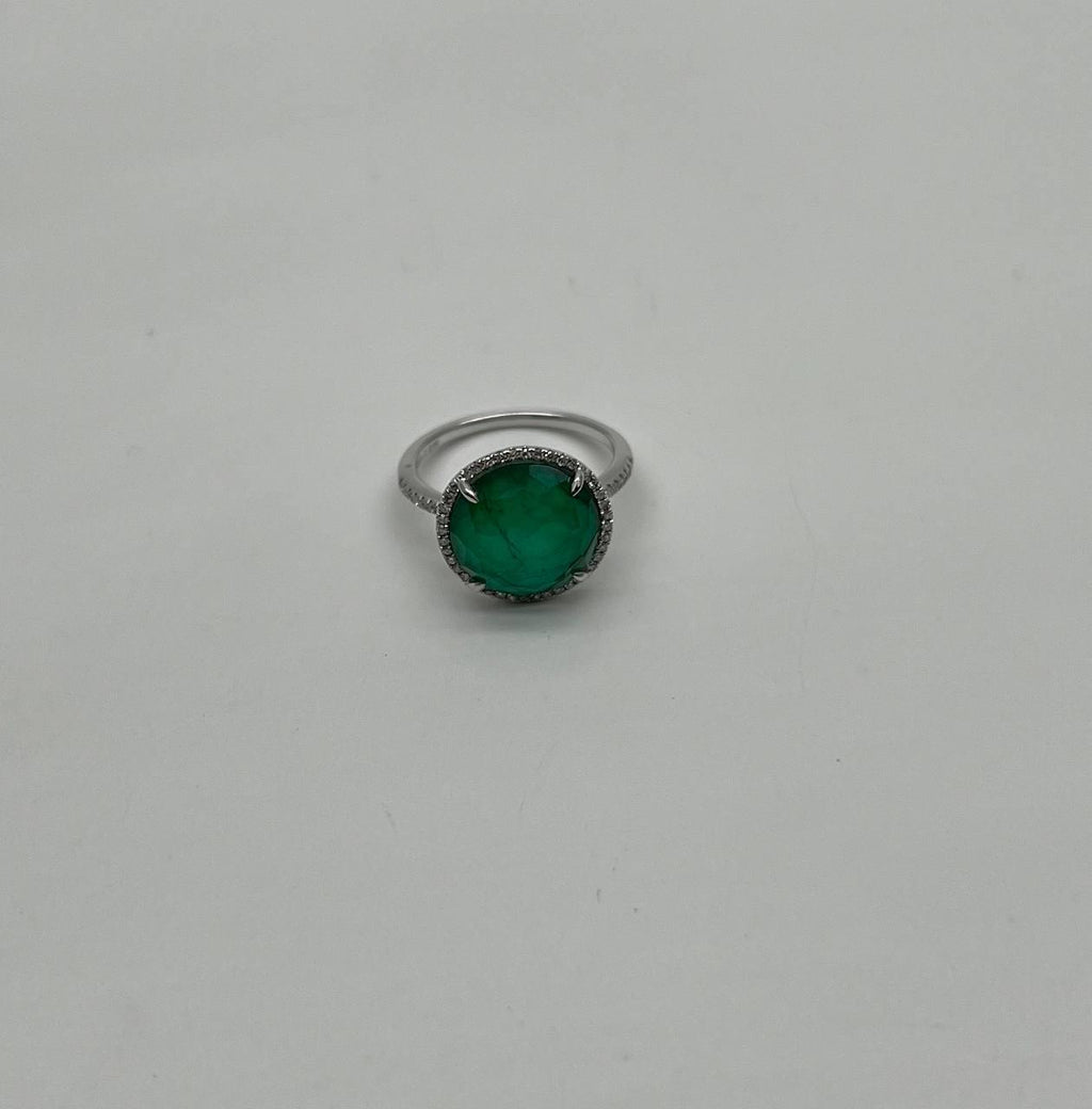 Faceted Green Emerald Cabochon White Diamond 14K White Gold Statement Ring