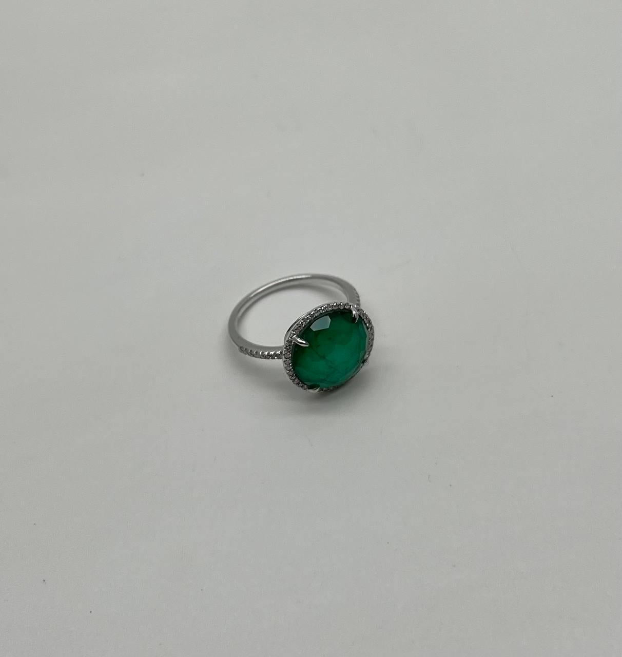 Faceted Green Emerald Cabochon White Diamond 14K White Gold Statement Ring