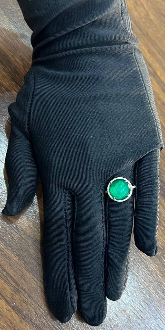 Faceted Green Emerald Cabochon White Diamond 14K White Gold Statement Ring