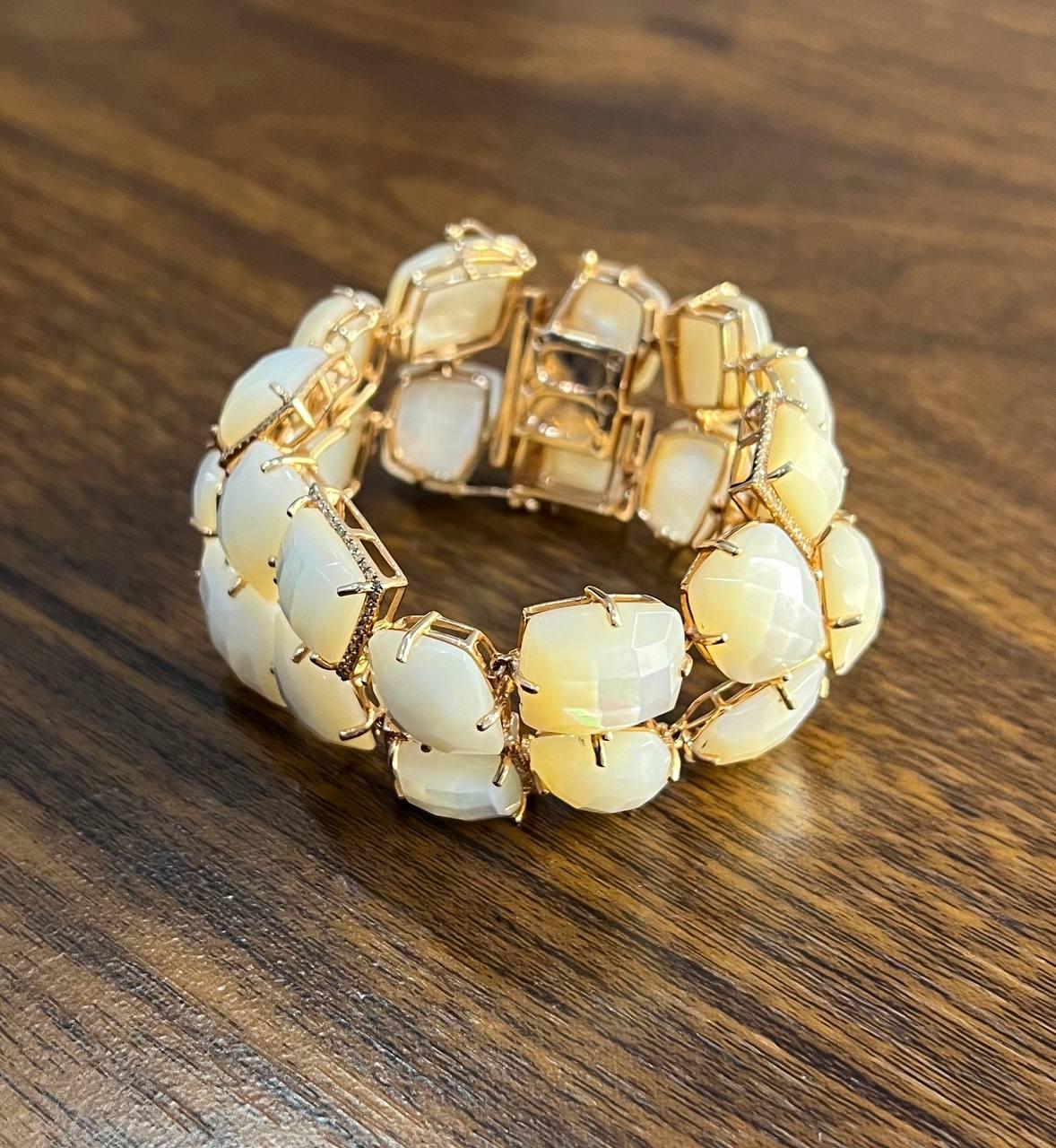 Faceted White Mother of Pearl Diamonds Halo Statement 14K R Gold Bangle Bracelet