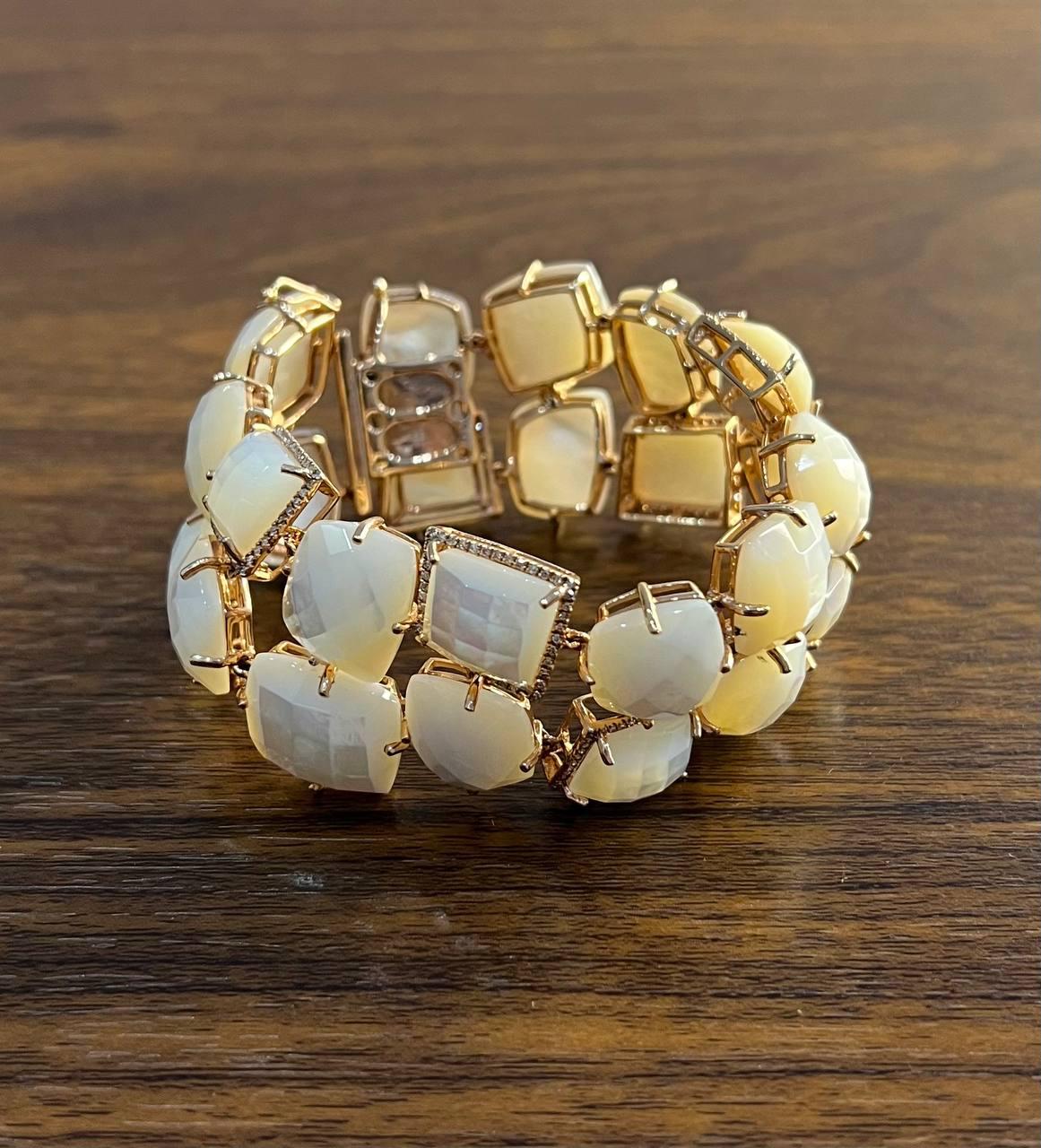 Faceted White Mother of Pearl Diamonds Halo Statement 14K R Gold Bangle Bracelet