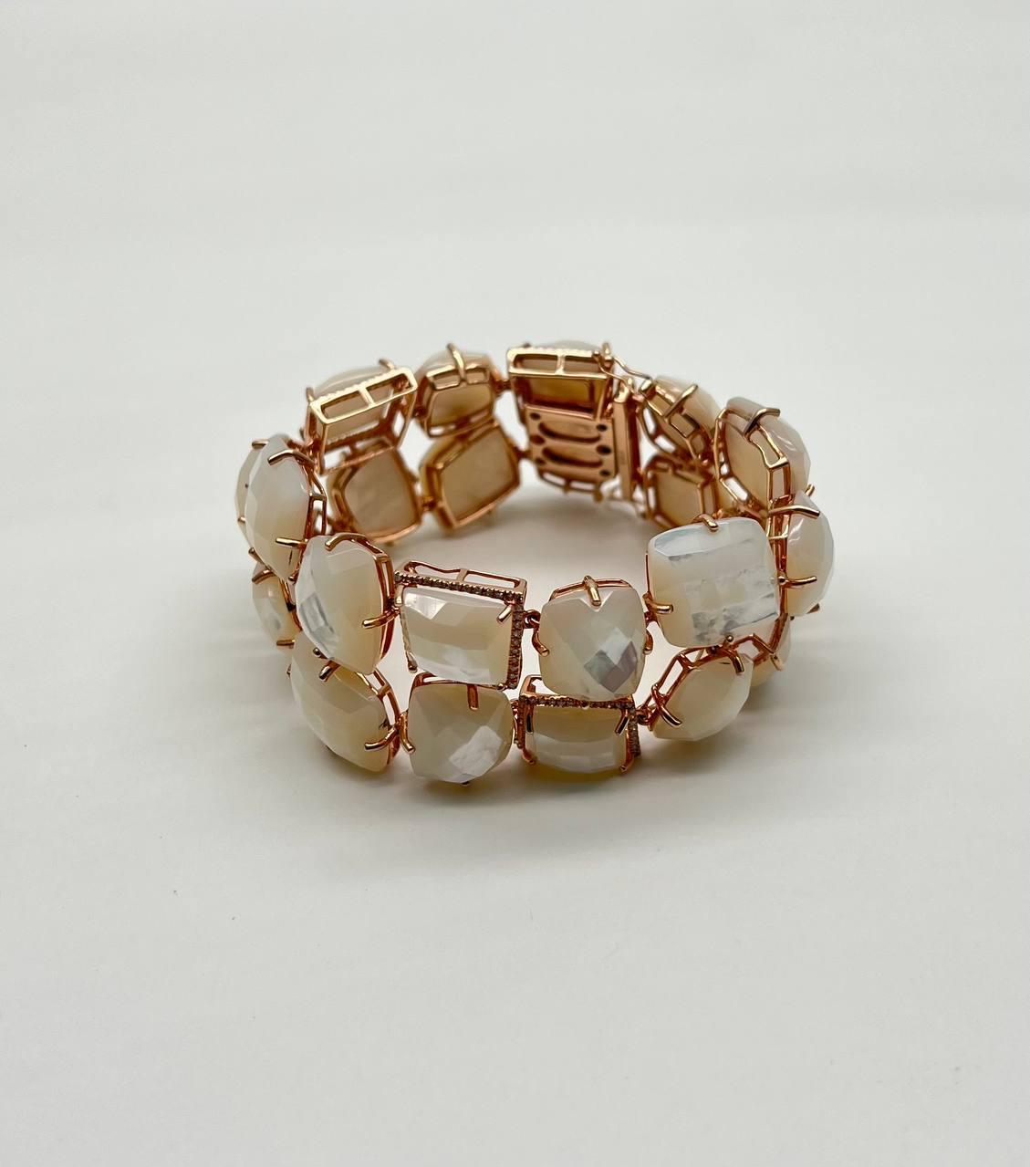 Faceted White Mother of Pearl Diamonds Halo Statement 14K R Gold Bangle Bracelet