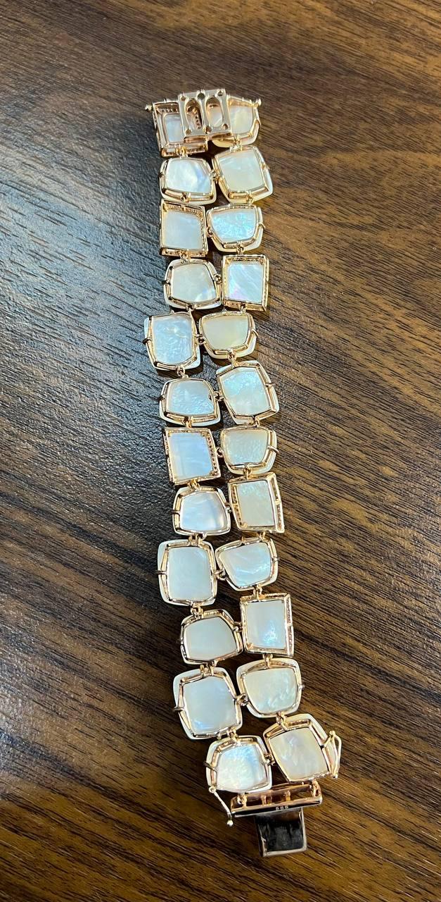 Faceted White Mother of Pearl Diamonds Halo Statement 14K R Gold Bangle Bracelet