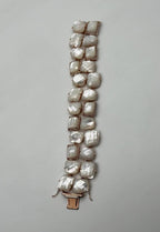 Faceted White Mother of Pearl Diamonds Halo Statement 14K R Gold Bangle Bracelet