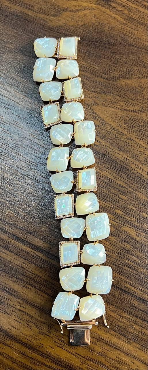 Faceted White Mother of Pearl Diamonds Halo Statement 14K R Gold Bangle Bracelet