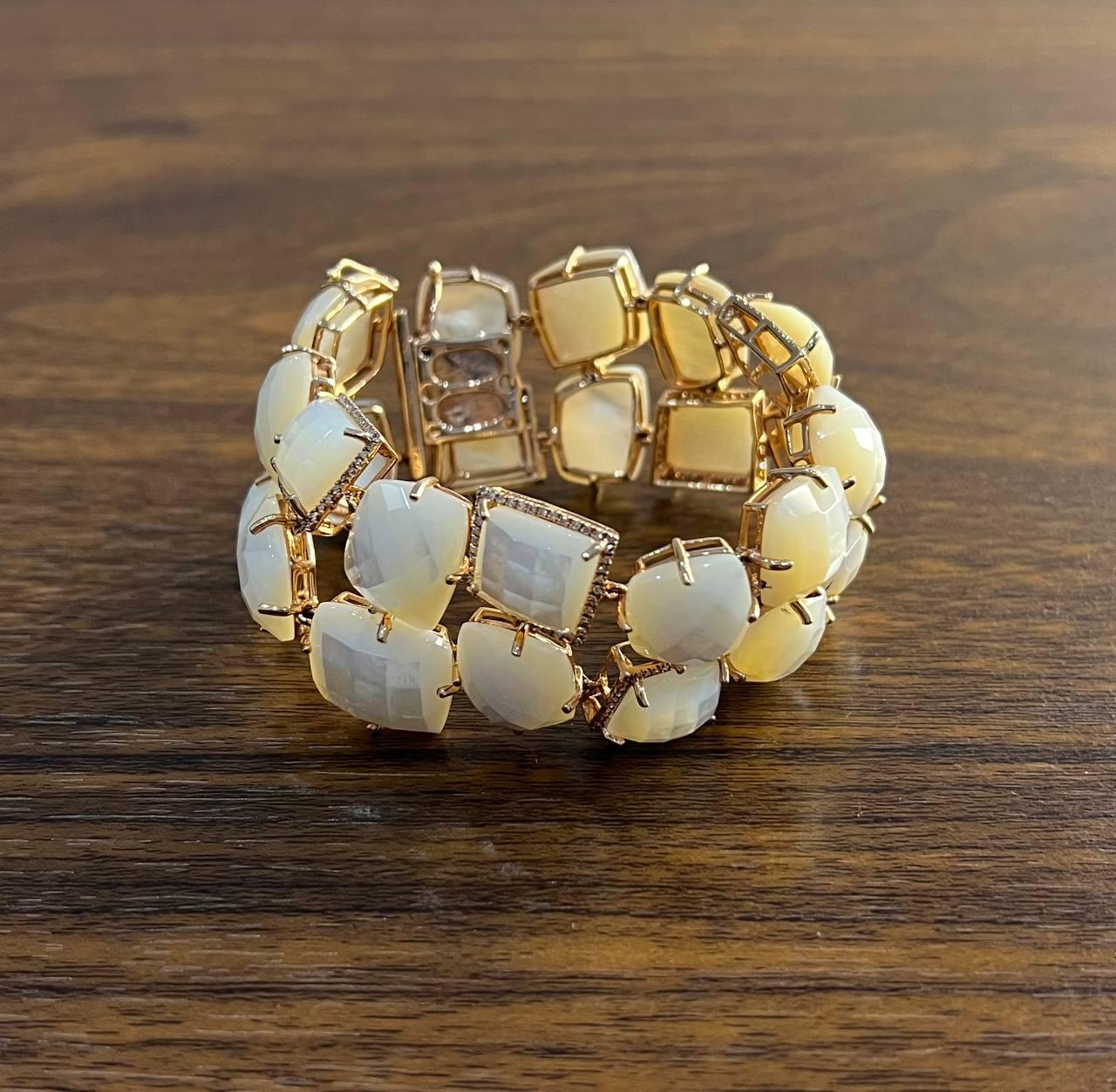 Faceted White Mother of Pearl Diamonds Halo Statement 14K R Gold Bangle Bracelet