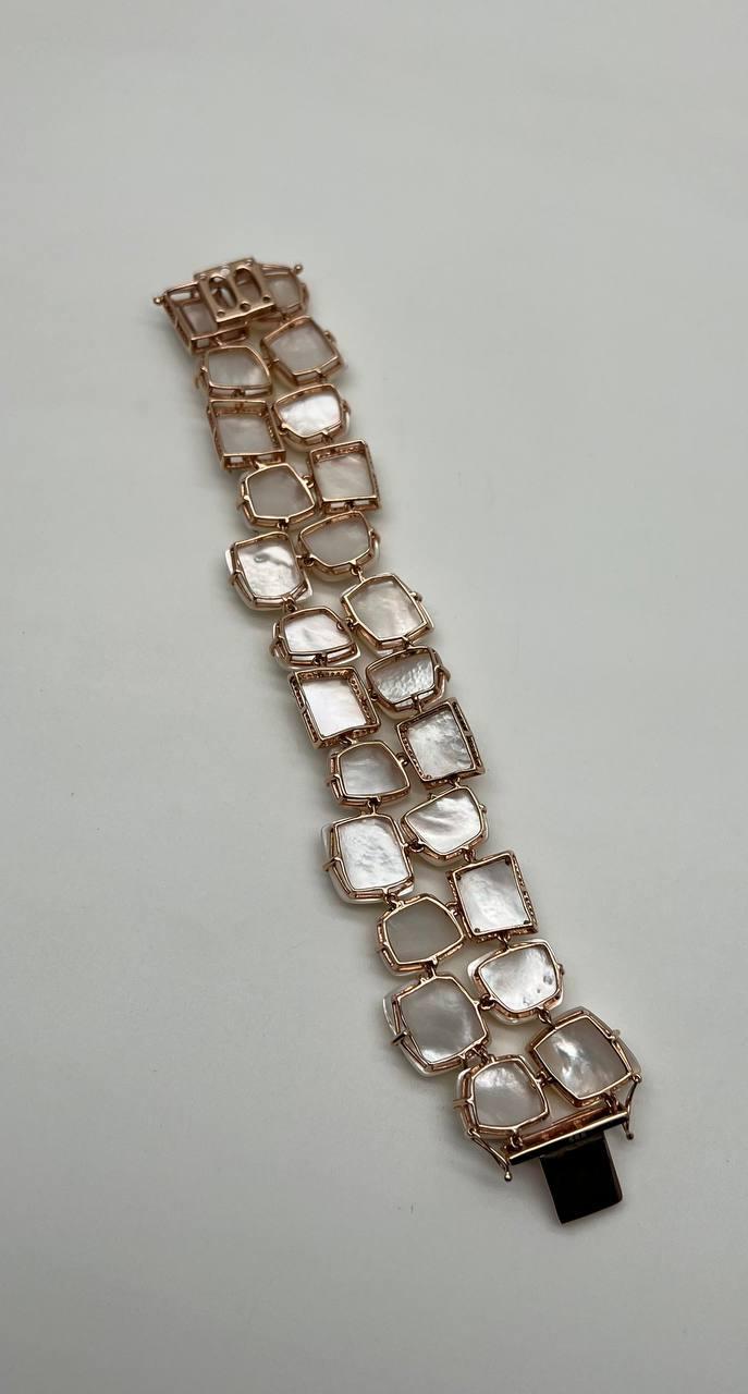 Faceted White Mother of Pearl Diamonds Halo Statement 14K R Gold Bangle Bracelet