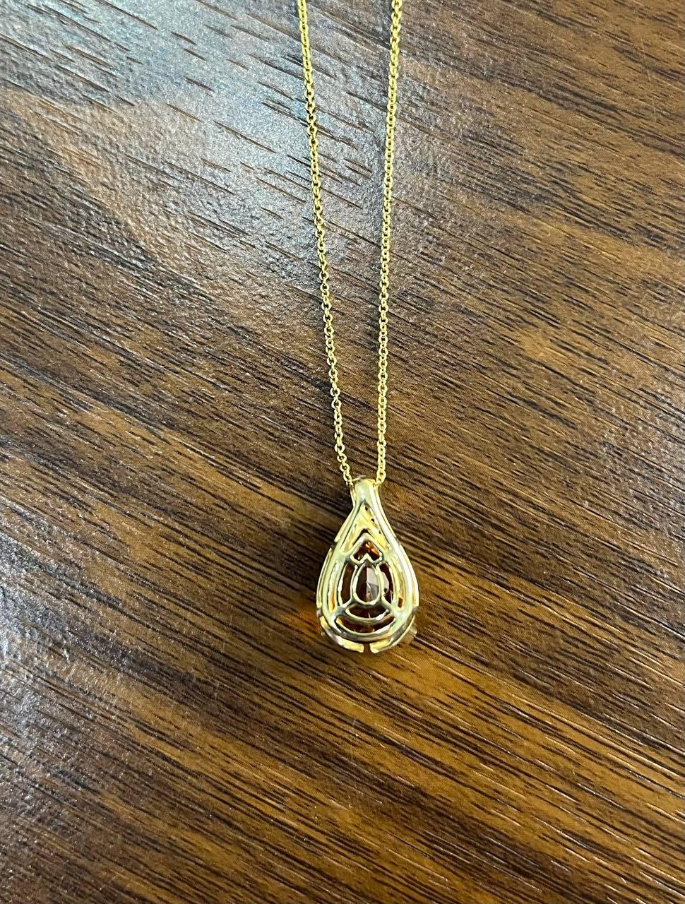 Dark Orange Citrine Tear Drop Shape Diamond Gemstone 14K Gold Pendant Necklace