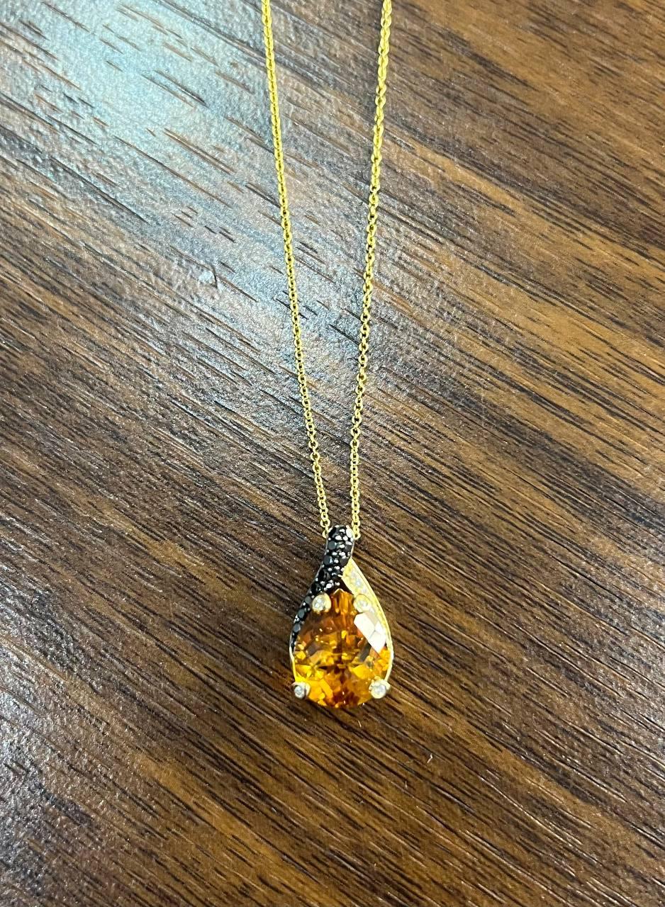 Dark Orange Citrine Tear Drop Shape Diamond Gemstone 14K Gold Pendant Necklace