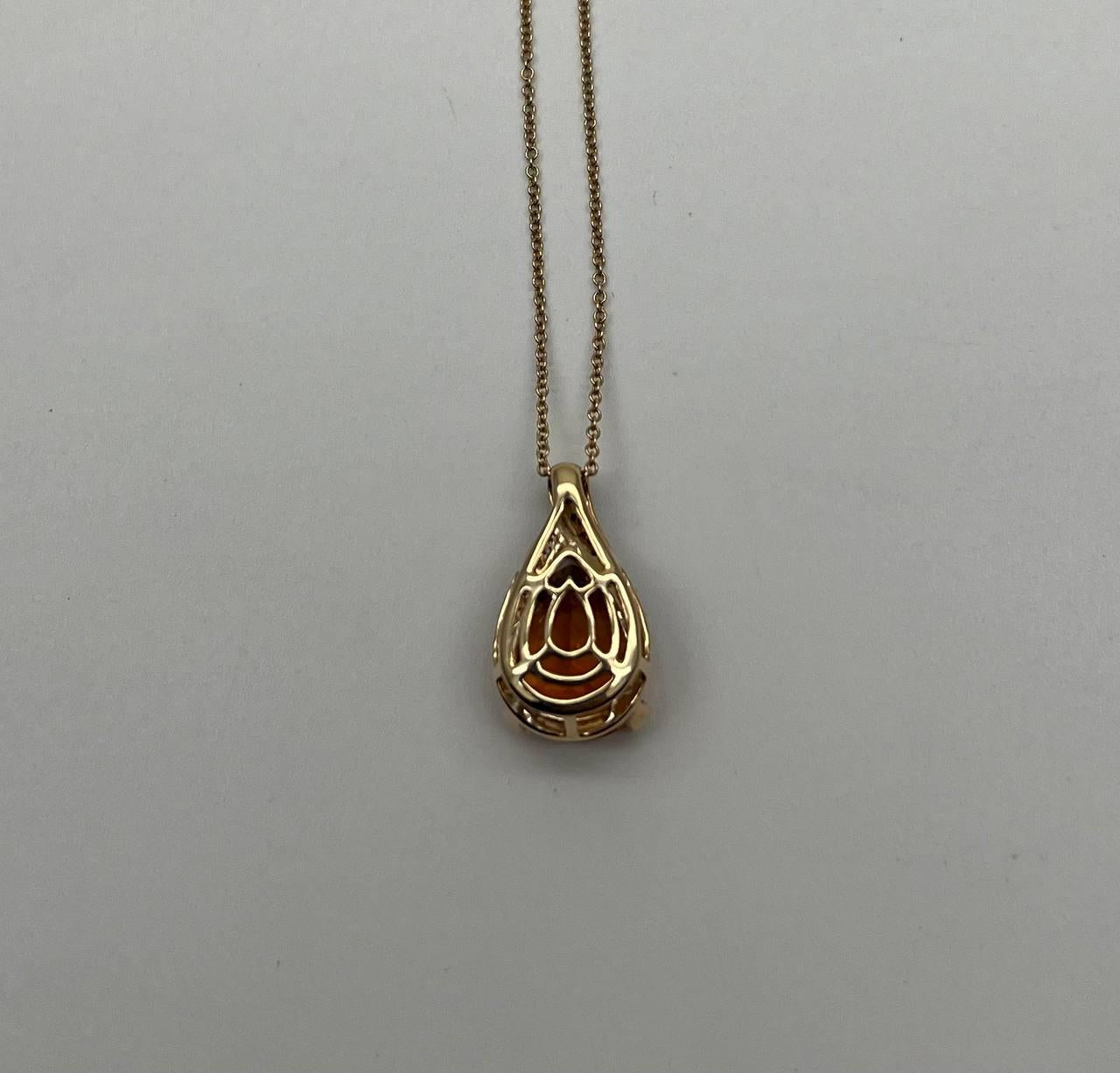 Dark Orange Citrine Tear Drop Shape Diamond Gemstone 14K Gold Pendant Necklace